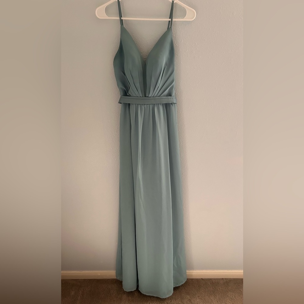 White by Vera Wang dusty baby blue V-Neck Pleated Maxi Dress